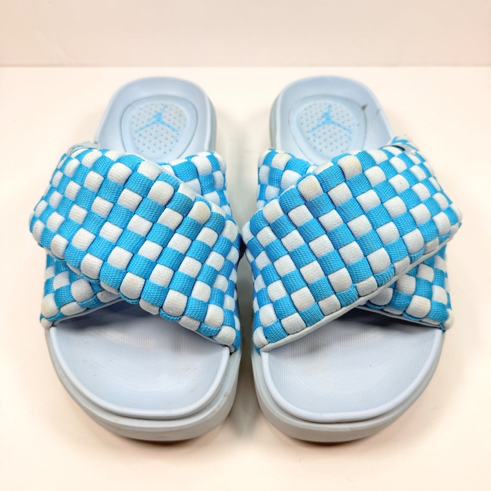 Jordan Women 9 Sophia Slides Woven Checkered Blue White Platform Comfort Pool
